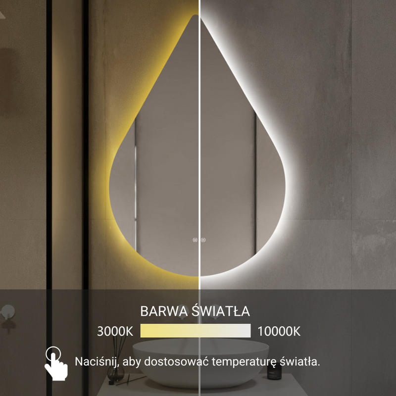 Lustro łazienkowe podświetlane LED asymetryczne dekoracyjne 60x90 cm w kształcie kropli łezki J3009