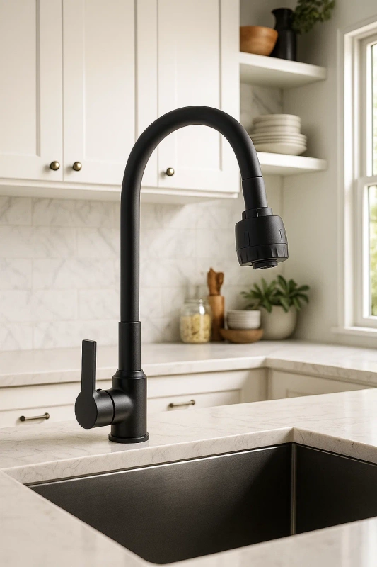 Bateria kuchenna czarna matowa ARCO – kran kuchenny z elastyczną wylewką, obrotowa 360°, 2 strumienie, perlator ECO
