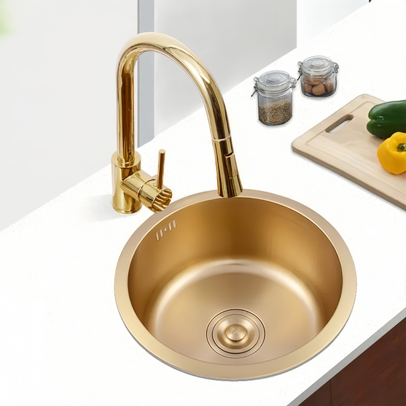 Zlewozmywak stalowy okrągły 42 cm złoty + syfon GRATIS podblatowy, podwieszany