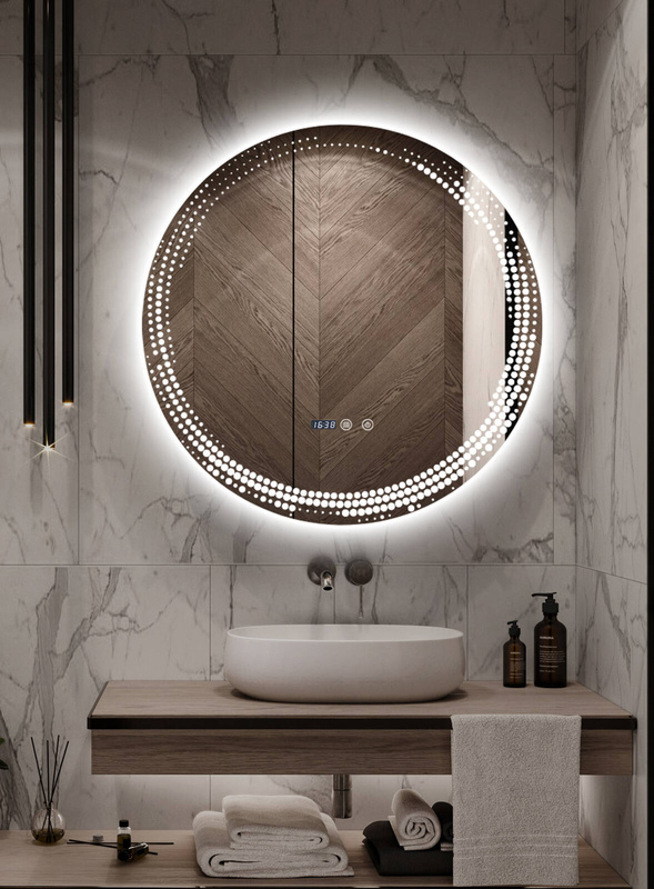 Lustro łazienkowe podświetlane LED dekoracyjne 70 cm okrągłe + zegar J175
