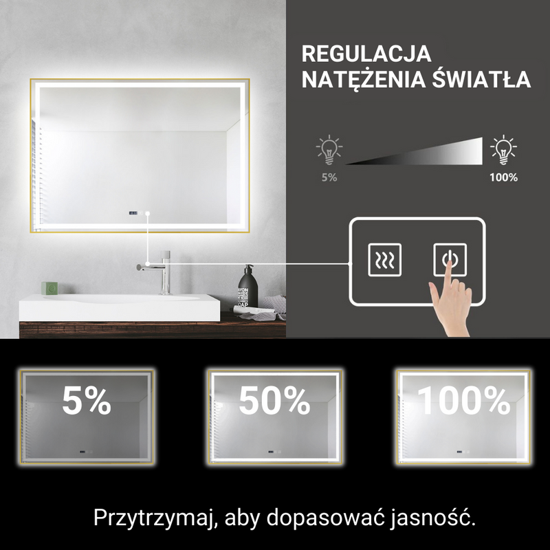 Lustro podświetlane LED 80x120 cm prostokątne w złotej ramie + zegar J147