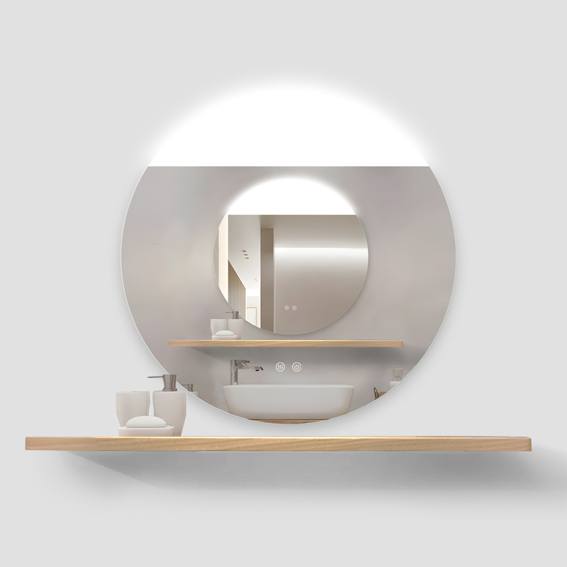 Lustro z półką podświetlane LED 70 cm okrągłe z półką drewnianą H-2008