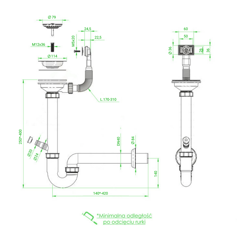 Syfon do zlewozmywaka z sitkiem i przyłączem do zmywarki biały rurowy PVC