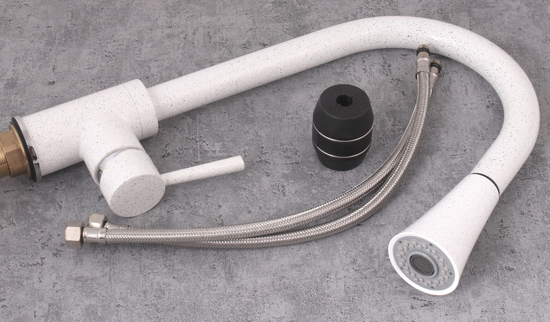 Biała bateria kuchenna z wyciąganą wylewką kran TUBO WHITE DOTS