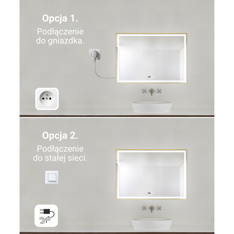 Lustro podświetlane LED 80x120 cm prostokątne w złotej ramie + zegar J147