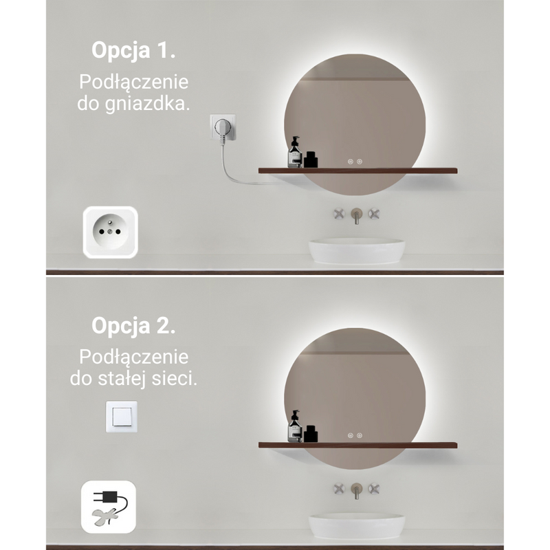 Lustro z półką podświetlane LED 60 cm okrągłe z półką drewnianą J490