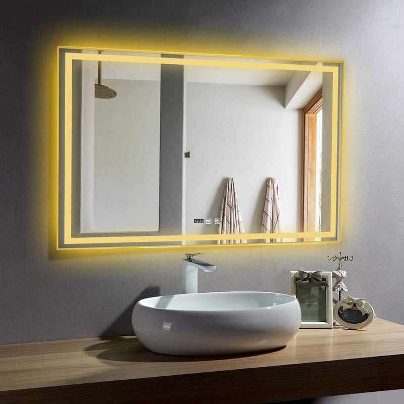 Lustro podświetlane LED 80x120 cm prostokątne w złotej ramie + zegar J147