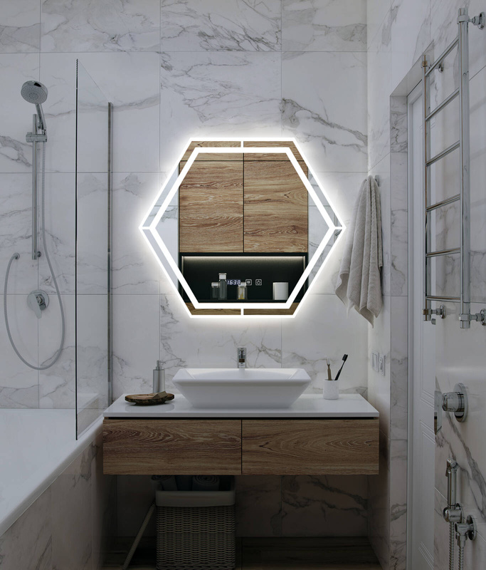 Lustro podświetlane LED 70x70 cm sześciokątne + zegar J3053