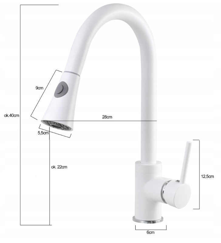 Biała bateria kuchenna wyciągana wylewka wysoka