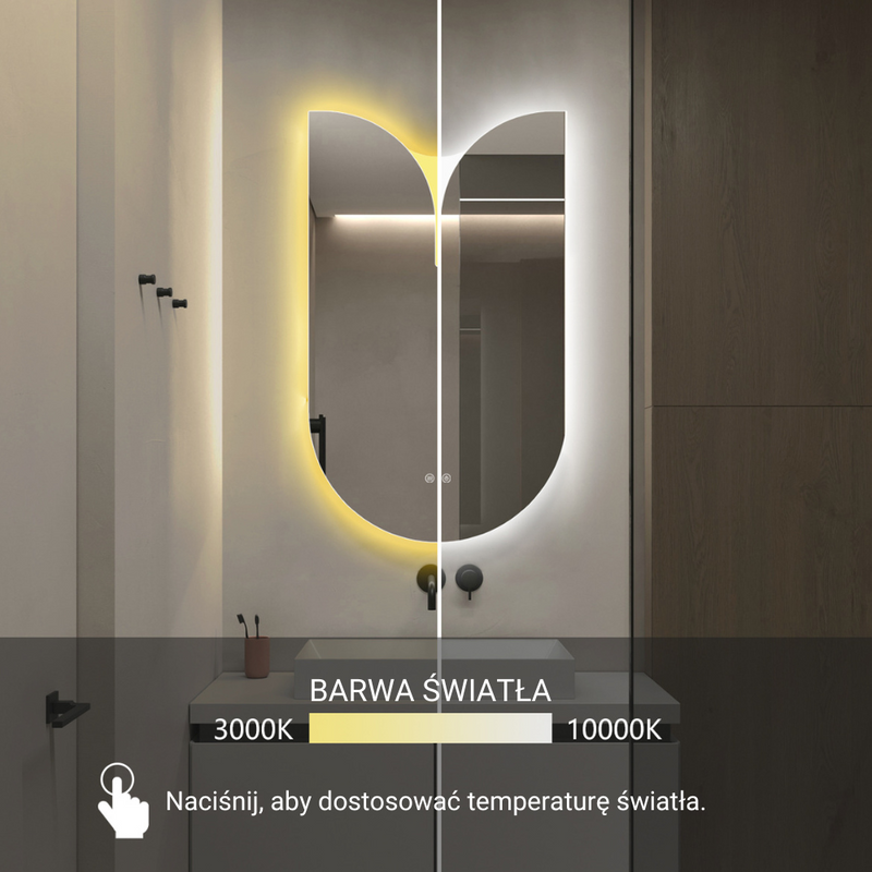 Lustro podświetlane LED asymetryczne dekoracyjne 60x100 cm półowalne z wycięciem J3054