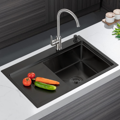 Zlewozmywak stalowy z ociekaczem po lewej stronie 78x49 czarny + syfon GRATIS