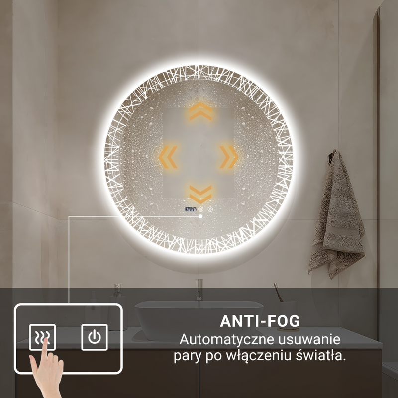 Lustro podświetlane LED dekoracyjne 70 cm okrągłe + zegar J176