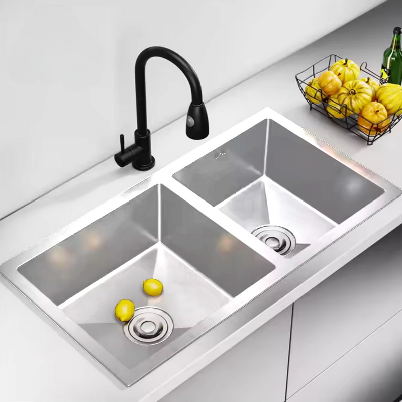 Zlewozmywak stalowy dwukomorowy 80x45 inox + syfon GRATIS podblatowy, podwieszany