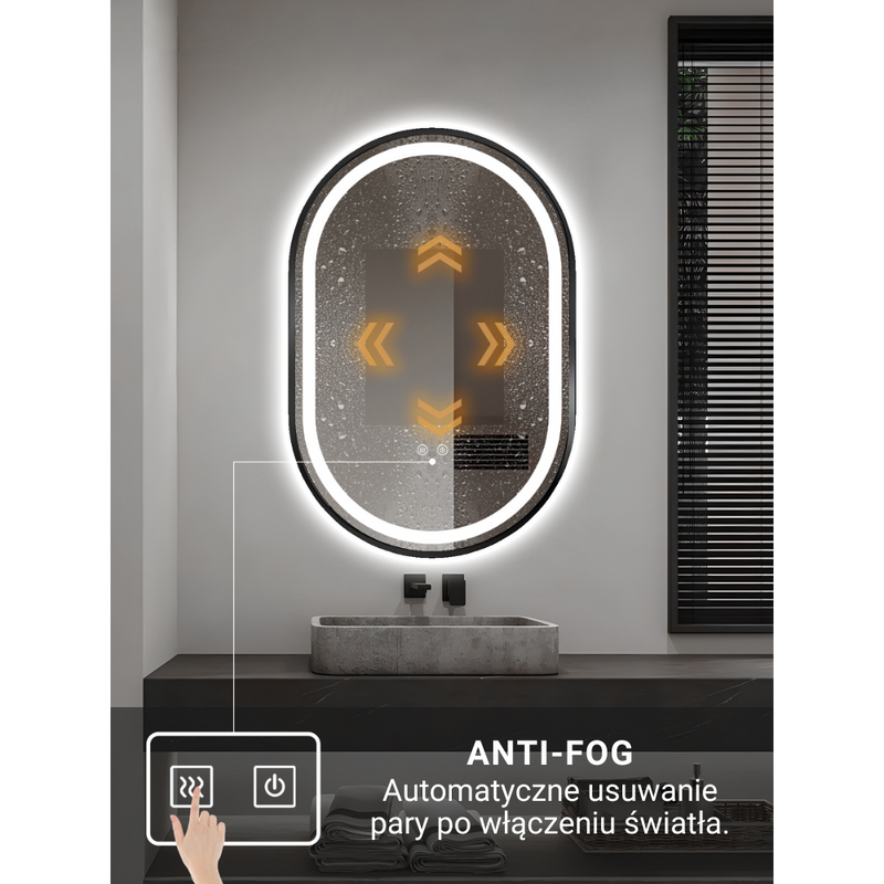 Lustro podświetlane LED 50x75 cm owalne w czarnej ramie J3320B