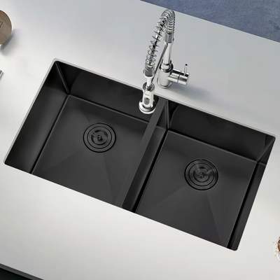 Zlewozmywak stalowy dwukomorowy 80x45 czarny + syfon GRATIS podblatowy, podwieszany