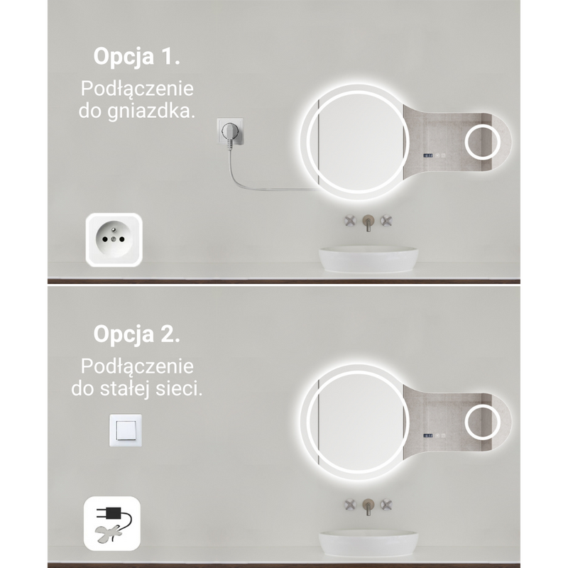 Lustro podświetlane LED 110x60 cm asymetryczne nieregularne okrągłe + zegar J3012