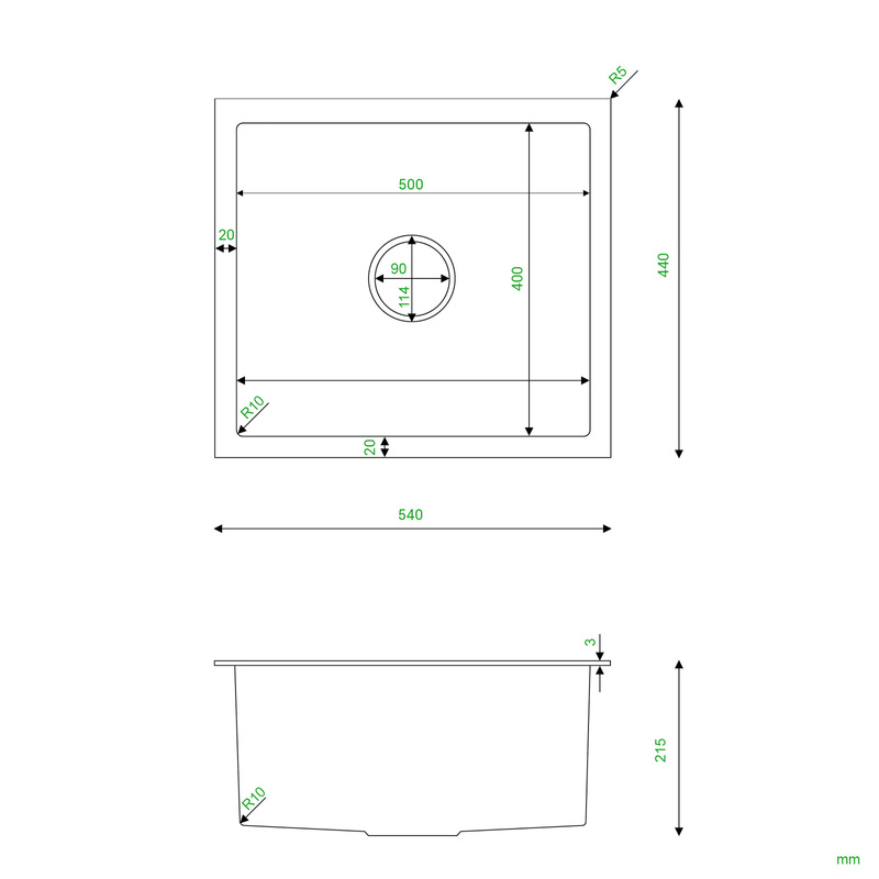 Zlewozmywak stalowy 54x44 grafitowy + syfon GRATIS podblatowy, podwieszany