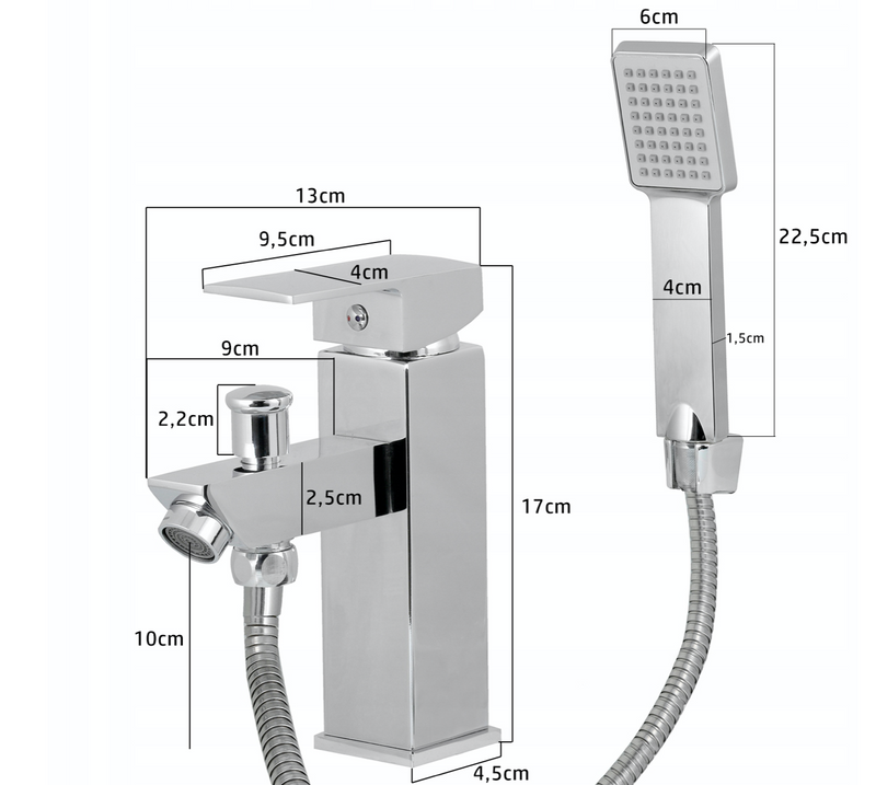 Bateria umywalkowa z wyjściem na wąż i zestawem natryskowym