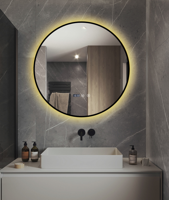 Lustro podświetlane LED 60 cm okrągłe J181 w czarnej ramie + zegar