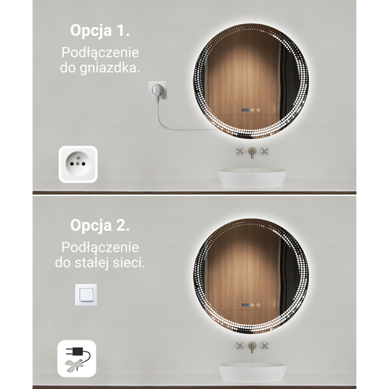 Lustro łazienkowe podświetlane LED dekoracyjne 70 cm okrągłe + zegar J175