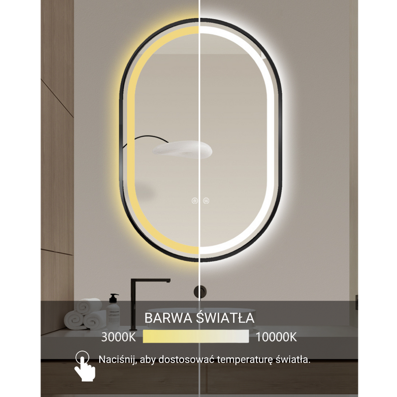 Lustro podświetlane LED 50x75 cm owalne w czarnej ramie J3320B
