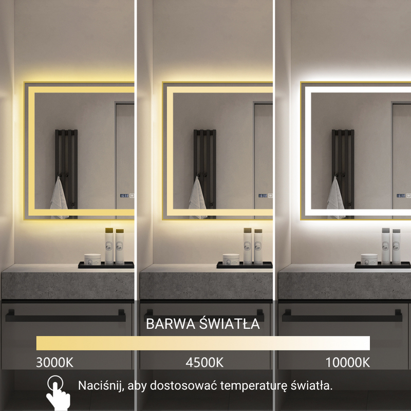 Lustro podświetlane LED 100x65 cm prostokątne w złotej ramie + zegar J121
