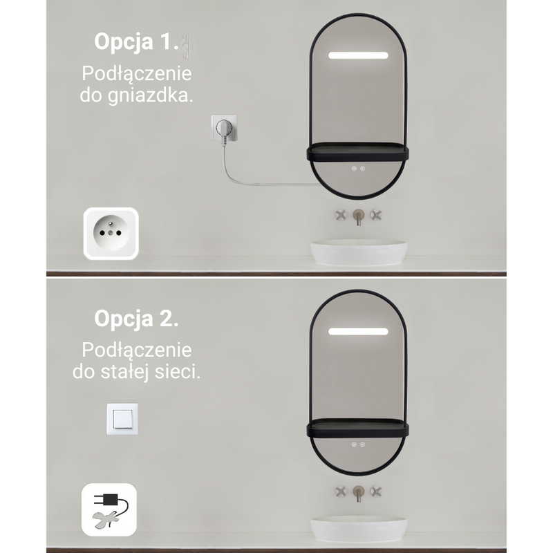 Lustro z półką podświetlane LED 40x60 cm owalne w czarnej ramie HK-1050