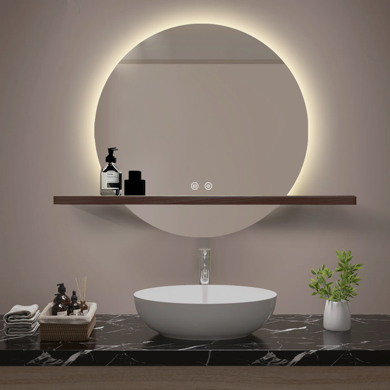 Lustro z półką podświetlane LED 60 cm okrągłe z półką drewnianą J490