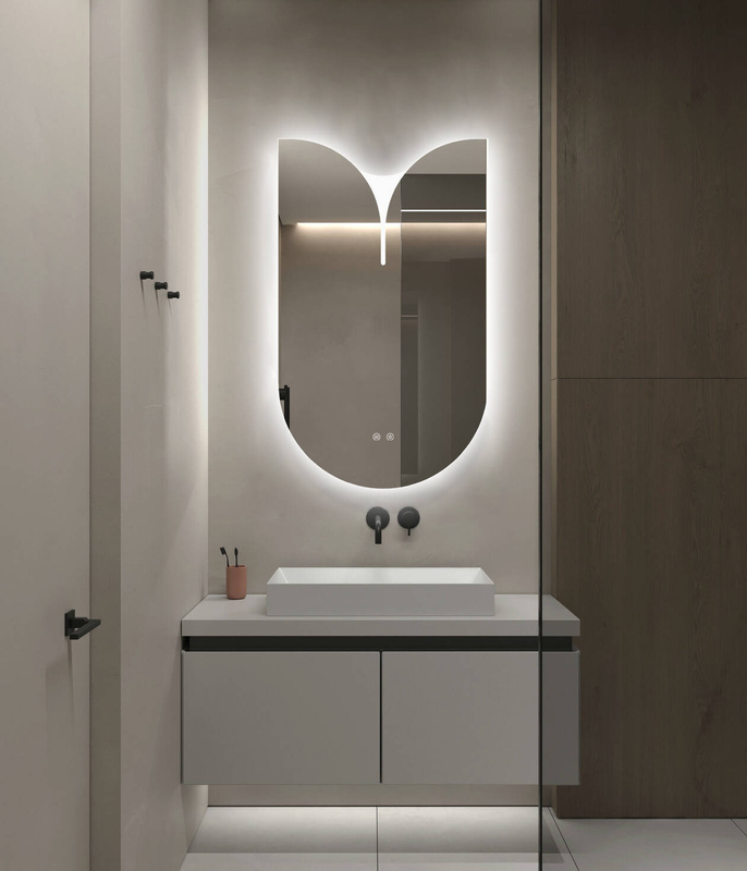 Lustro podświetlane LED asymetryczne dekoracyjne 60x100 cm półowalne z wycięciem J3054