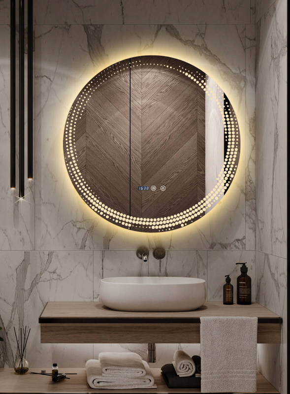 Lustro łazienkowe podświetlane LED dekoracyjne 70 cm okrągłe + zegar J175