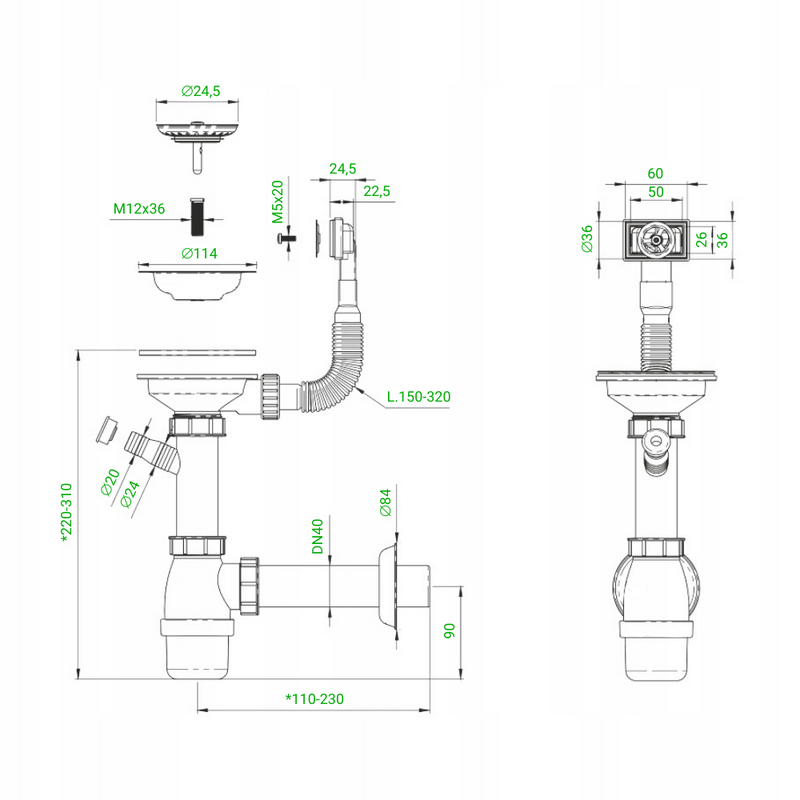 Syfon do zlewozmywaka z sitkiem i przyłączem do zmywarki biały rurowy PVC