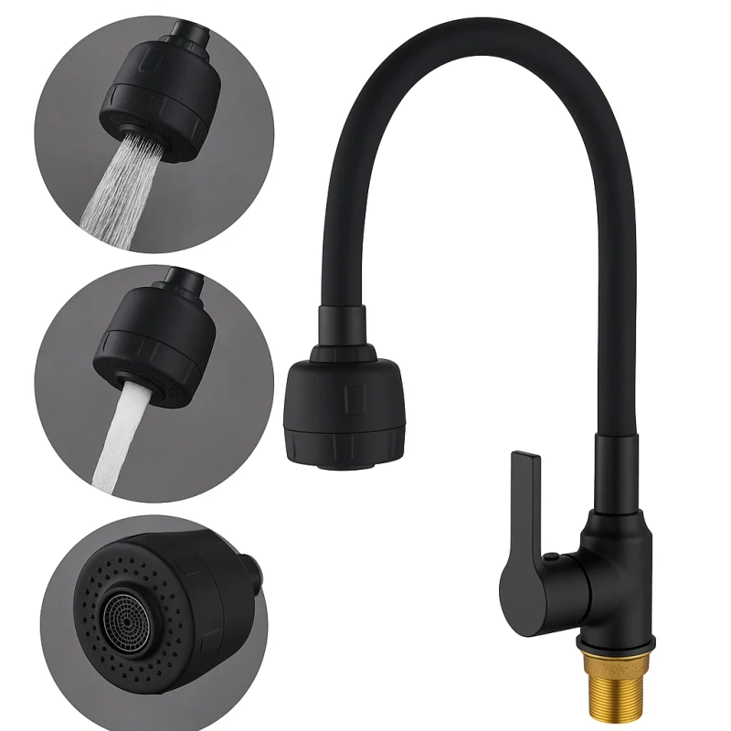 Bateria kuchenna czarna matowa ARCO – kran kuchenny z elastyczną wylewką, obrotowa 360°, 2 strumienie, perlator ECO