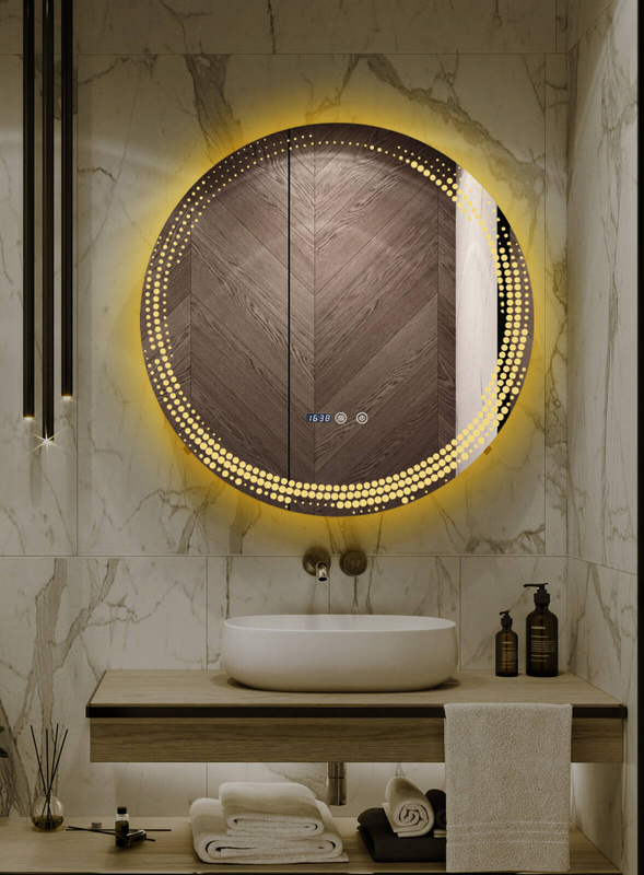 Lustro łazienkowe podświetlane LED dekoracyjne 70 cm okrągłe + zegar J175