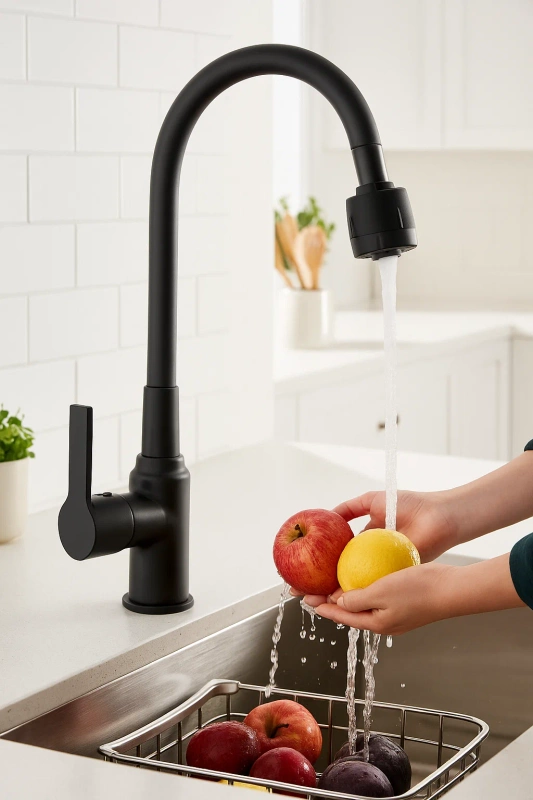 Bateria kuchenna czarna matowa ARCO – kran kuchenny z elastyczną wylewką, obrotowa 360°, 2 strumienie, perlator ECO