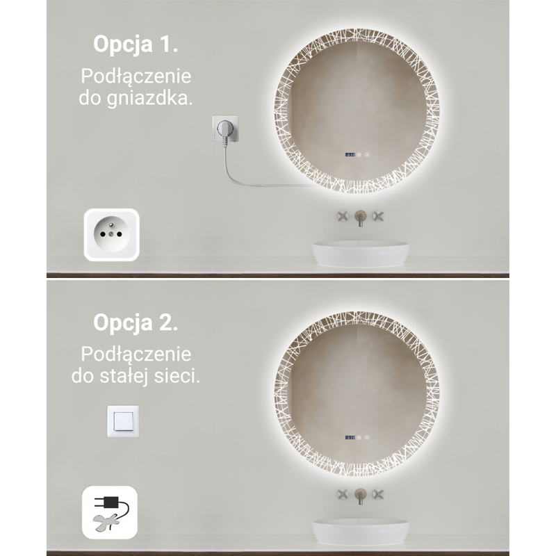 Lustro podświetlane LED dekoracyjne 70 cm okrągłe + zegar J176