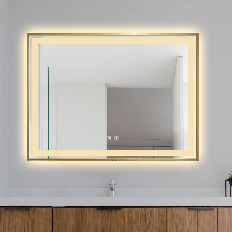 Lustro podświetlane LED 80x60 cm prostokątne w złotej ramie J127