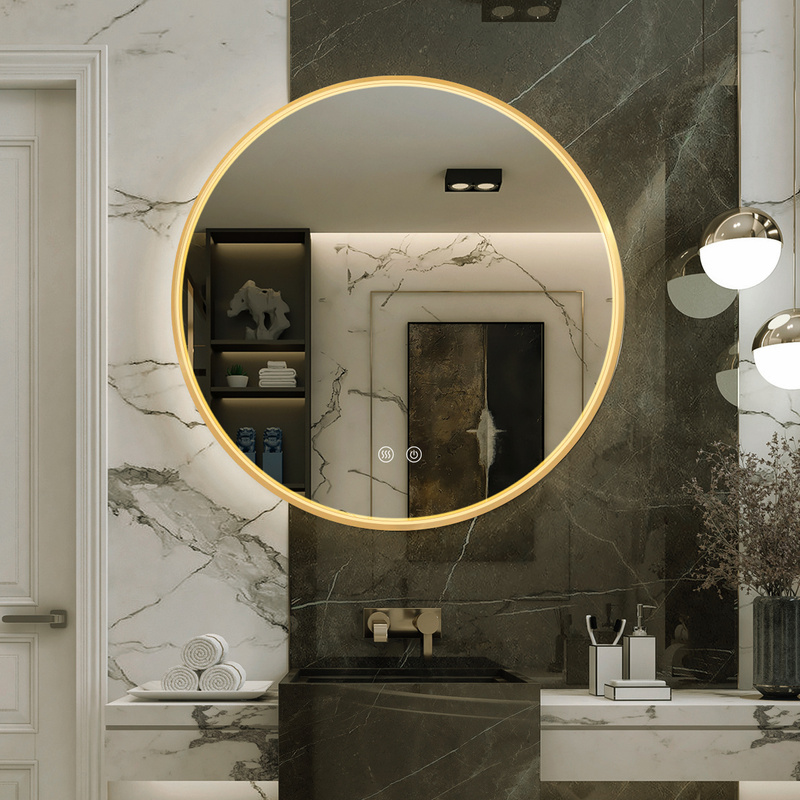 Lustro podświetlane LED 70 cm okrągłe H-2051G ze złotą ramą