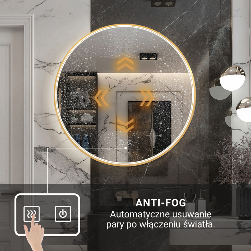 Lustro podświetlane LED 70 cm okrągłe H-2051G ze złotą ramą