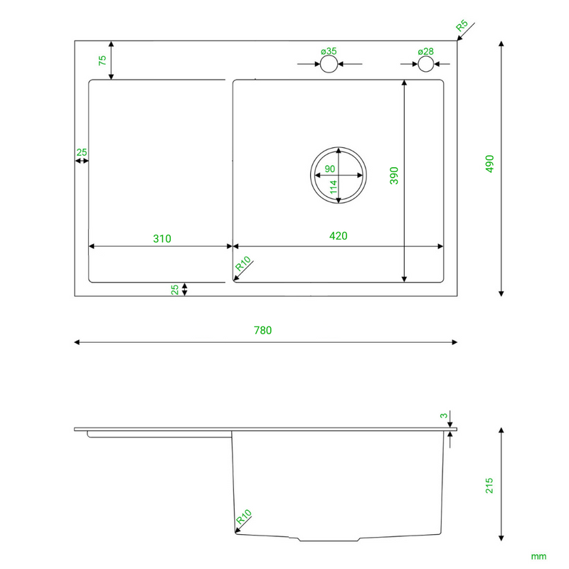 Zlewozmywak stalowy z ociekaczem po lewej stronie 78x49 czarny + syfon GRATIS