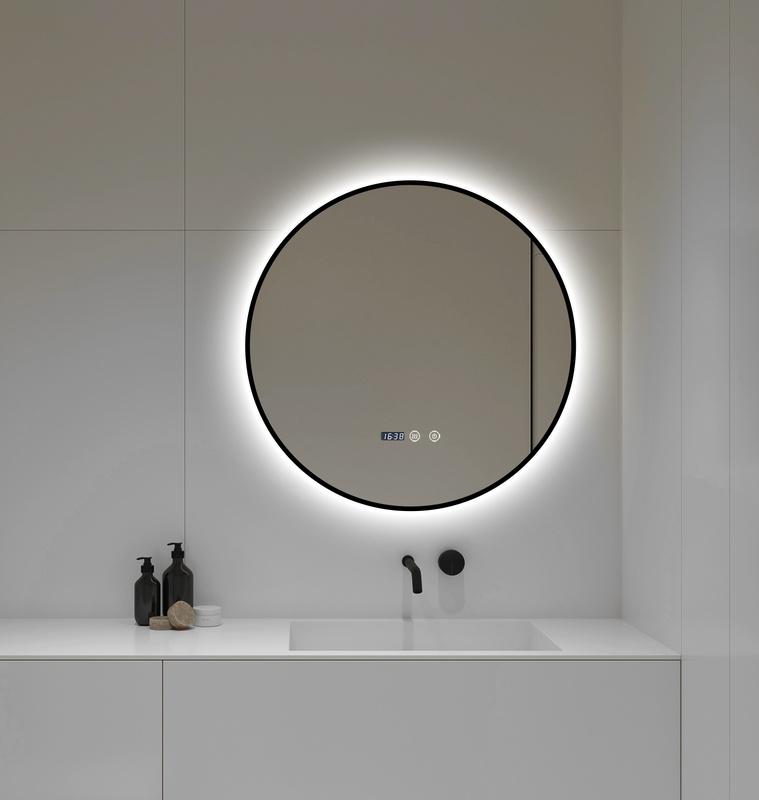 Lustro podświetlane LED 60 cm okrągłe J181 w czarnej ramie + zegar