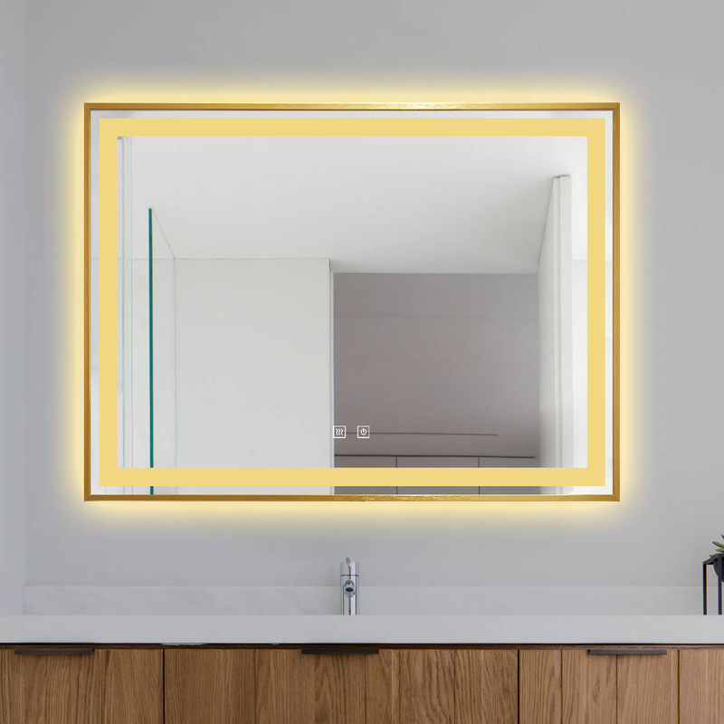 Lustro podświetlane LED 80x60 cm prostokątne w złotej ramie J127