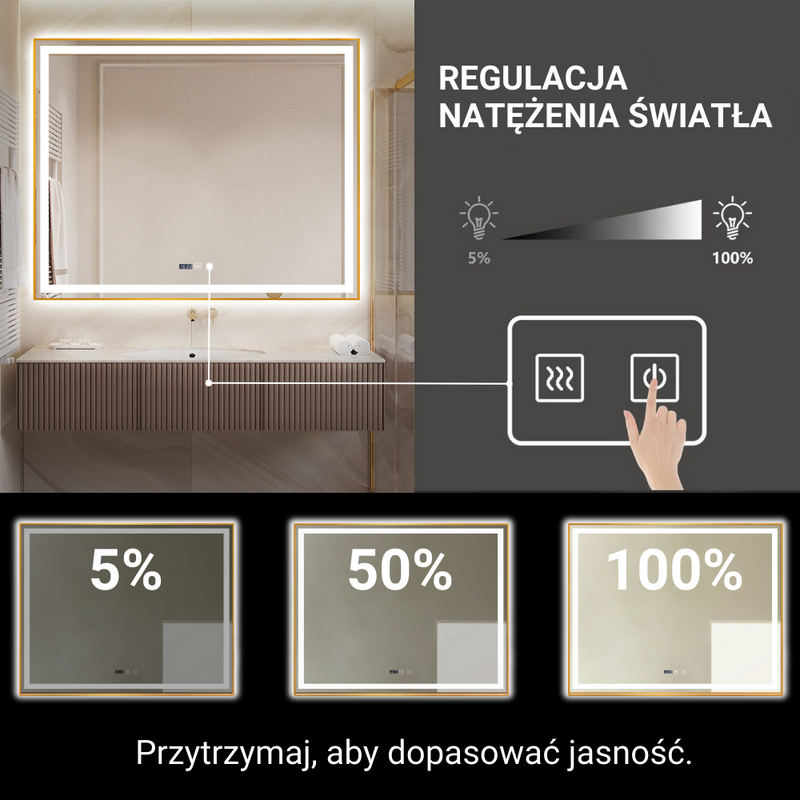 Lustro podświetlane LED 80x100 cm prostokątne w złotej ramie + zegar J043