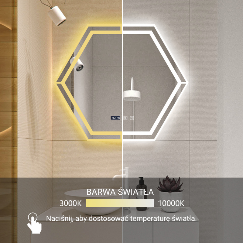 Lustro podświetlane LED 70x70 cm sześciokątne + zegar J3053