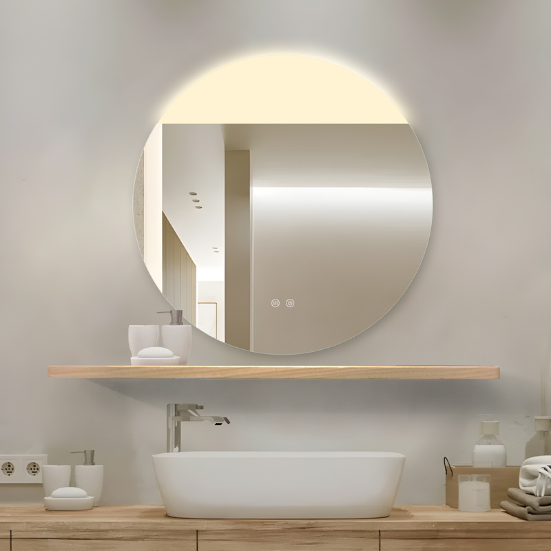 Lustro z półką podświetlane LED 70 cm okrągłe z półką drewnianą H-2008