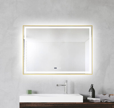 Lustro podświetlane LED 80x120 cm prostokątne w złotej ramie + zegar J147
