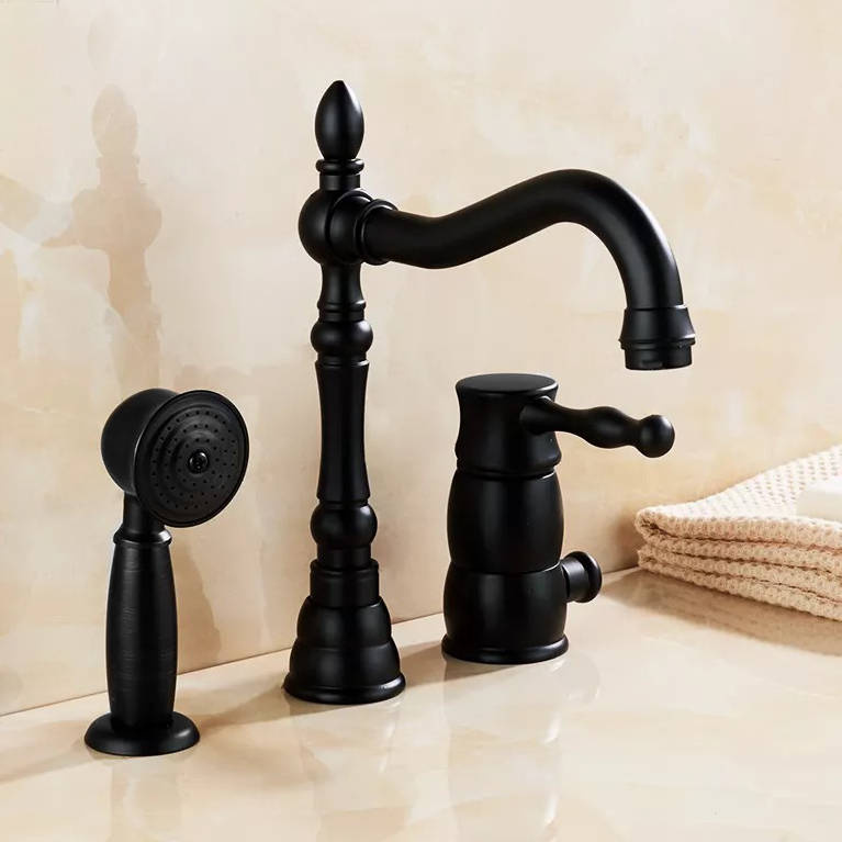 Czarna bateria wannowa 3-otworowa stojąca RETRO GLIT