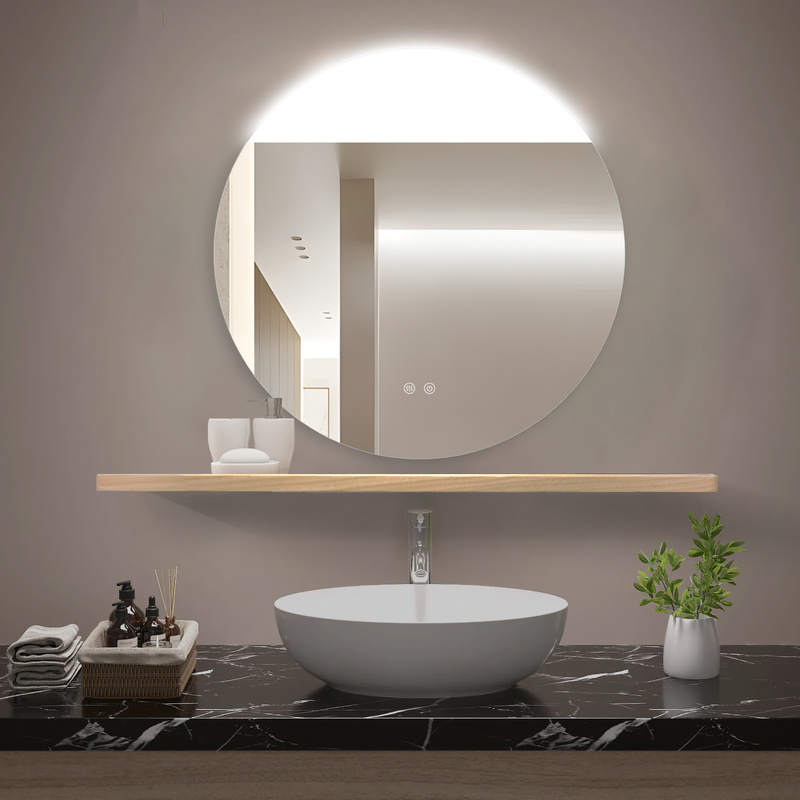 Lustro z półką podświetlane LED 70 cm okrągłe z półką drewnianą H-2008