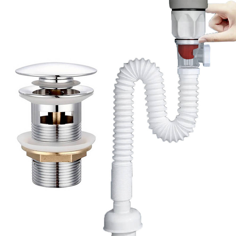 Syfon elastyczny  i korek mosiężny do umywalki z przelewem