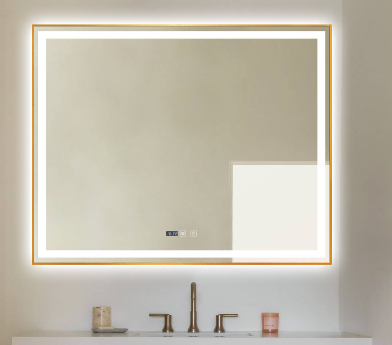 Lustro podświetlane LED 80x100 cm prostokątne w złotej ramie + zegar J043