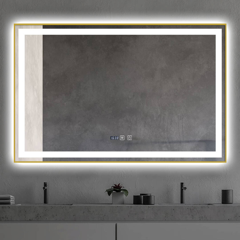 Lustro podświetlane LED 100x65 cm prostokątne w złotej ramie + zegar J121